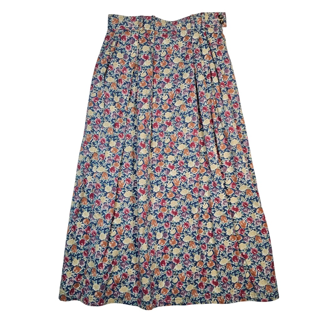 Woolrich Vintage Floral Cotton Midi Skirt Blue Rose Pleated Made in USA Size 12